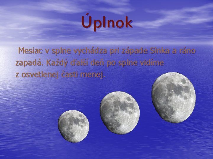 Úplnok Mesiac v splne vychádza pri západe Slnka a ráno zapadá. Každý ďalší deň