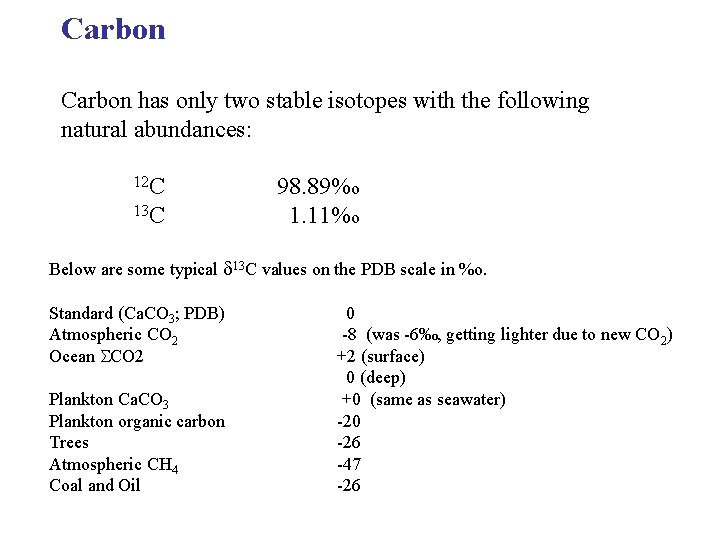 Carbon has only two stable isotopes with the following natural abundances: 12 C 13