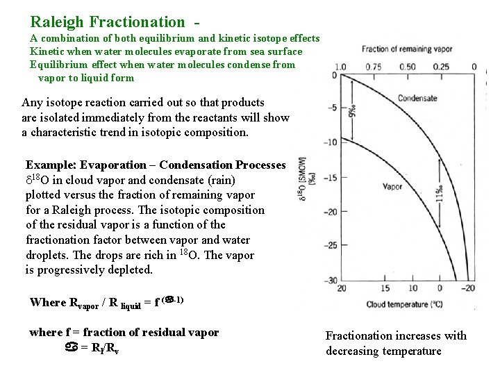 Raleigh Fractionation A combination of both equilibrium and kinetic isotope effects Kinetic when water
