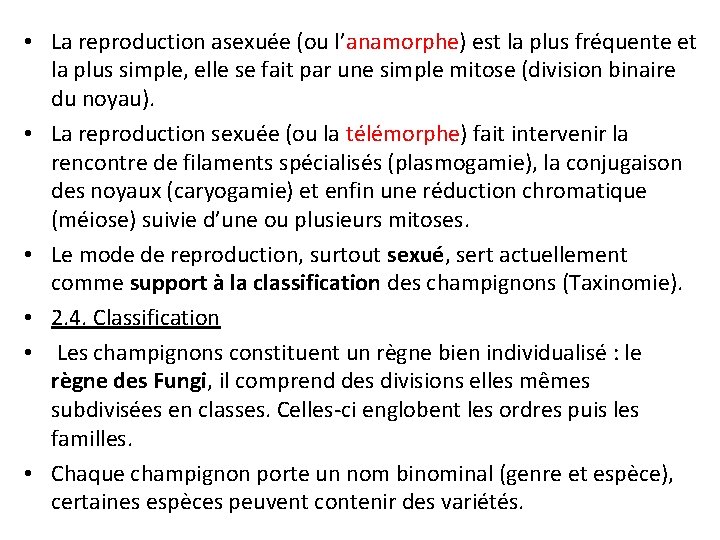  • La reproduction asexuée (ou l’anamorphe) est la plus fréquente et la plus