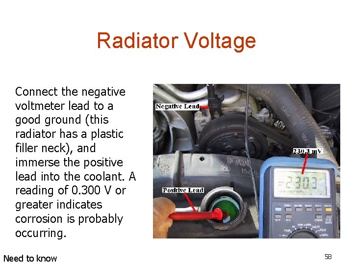 Radiator Voltage Connect the negative voltmeter lead to a good ground (this radiator has