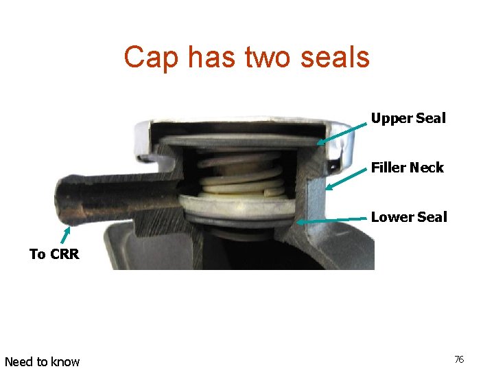 Cap has two seals Upper Seal Filler Neck Lower Seal To CRR Need to