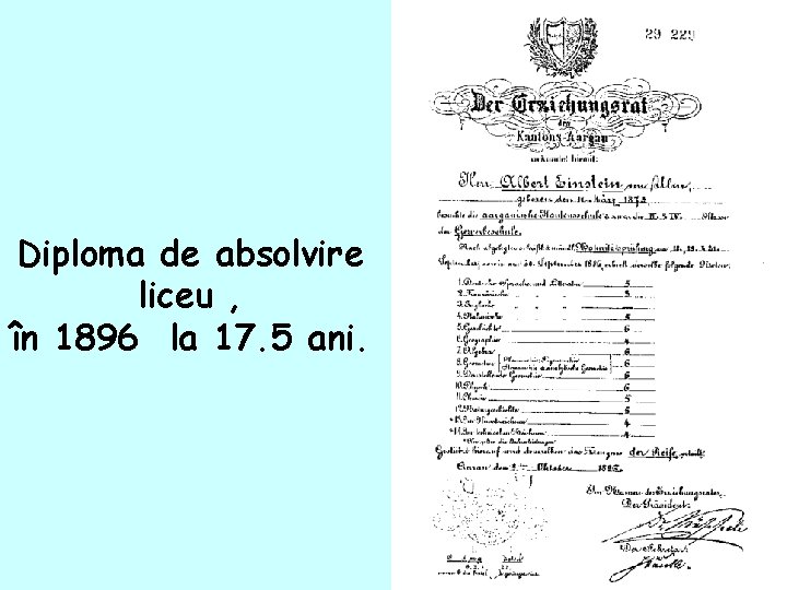 Diploma de absolvire liceu , în 1896 la 17. 5 ani. 