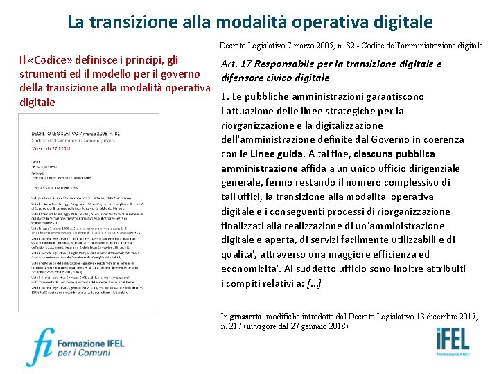 La transizione alla modalità operativa digitale Decreto Legislativo 7 marzo 2005, n. 82 -