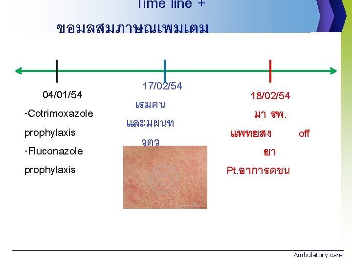 Time line + ขอมลสมภาษณเพมเตม 04/01/54 -Cotrimoxazole prophylaxis -Fluconazole prophylaxis 17/02/54 เรมคน และมผนท วตว 18/02/54