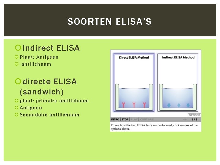 SOORTEN ELISA’S Indirect ELISA Plaat: Antigeen antilichaam directe ELISA (sandwich) plaat: primaire antilichaam Antigeen