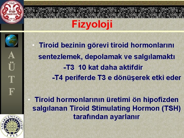 Fizyoloji • Tiroid bezinin görevi tiroid hormonlarını A Ü T F sentezlemek, depolamak ve