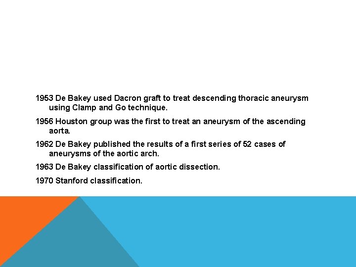 1953 De Bakey used Dacron graft to treat descending thoracic aneurysm using Clamp and