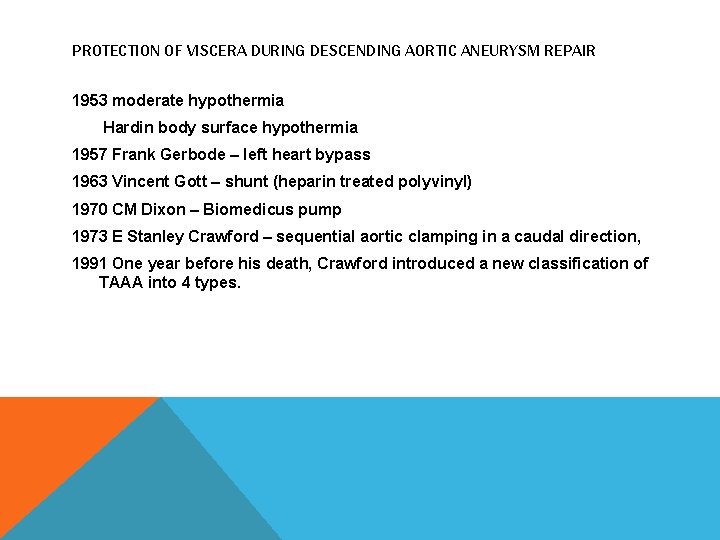 PROTECTION OF VISCERA DURING DESCENDING AORTIC ANEURYSM REPAIR 1953 moderate hypothermia Hardin body surface