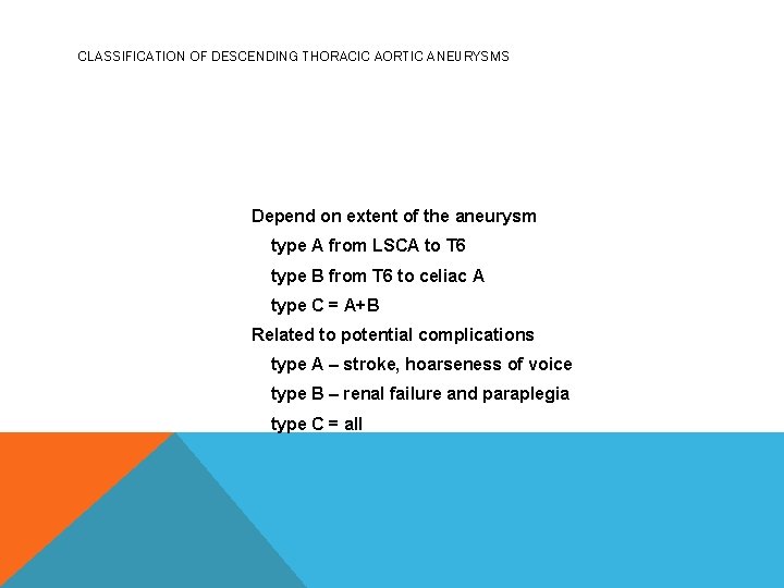 CLASSIFICATION OF DESCENDING THORACIC AORTIC ANEURYSMS Depend on extent of the aneurysm type A