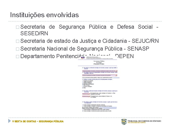 Instituições envolvidas � Secretaria de Segurança Pública e Defesa Social - SESED/RN � Secretaria