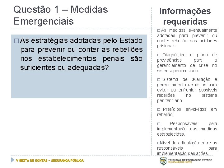 Questão 1 – Medidas Emergenciais Informações requeridas � As estratégias adotadas pelo Estado para