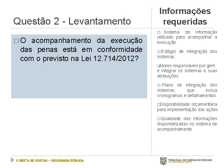 Questão 2 - Levantamento Informações requeridas Sistema de informação utilizado para acompanhar a execução.