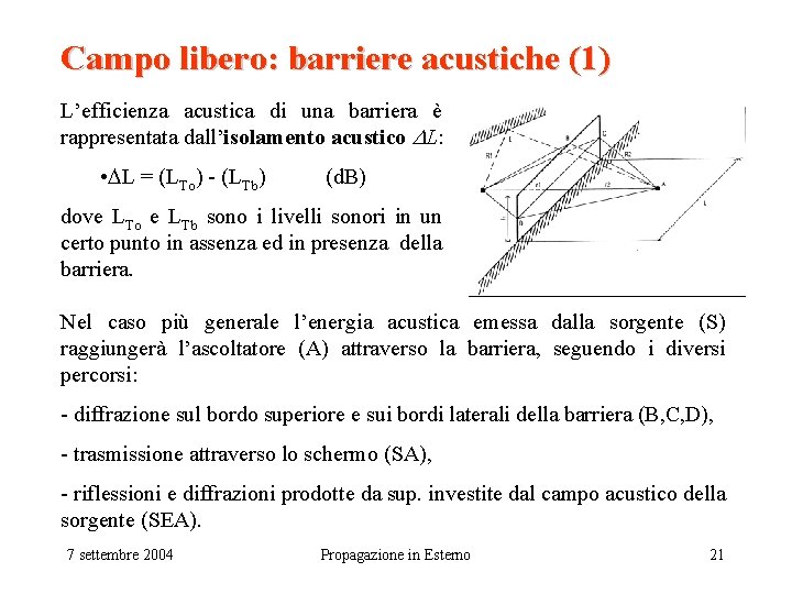 Campo libero: barriere acustiche (1) L’efficienza acustica di una barriera è rappresentata dall’isolamento acustico