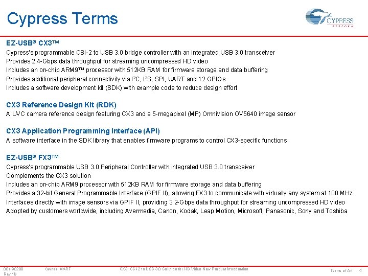 Cypress Terms EZ-USB® CX 3™ Cypress’s programmable CSI-2 to USB 3. 0 bridge controller
