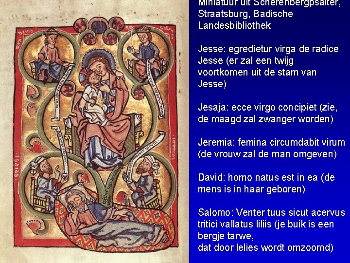 Miniatuur uit Scherenbergpsalter, Straatsburg, Badische Landesbibliothek Jesse: egredietur virga de radice Jesse (er zal