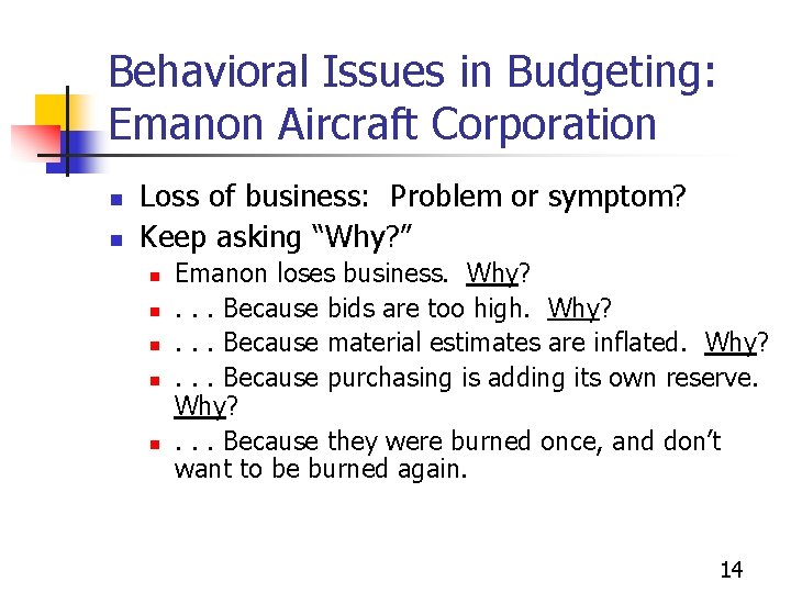 Behavioral Issues in Budgeting: Emanon Aircraft Corporation n n Loss of business: Problem or