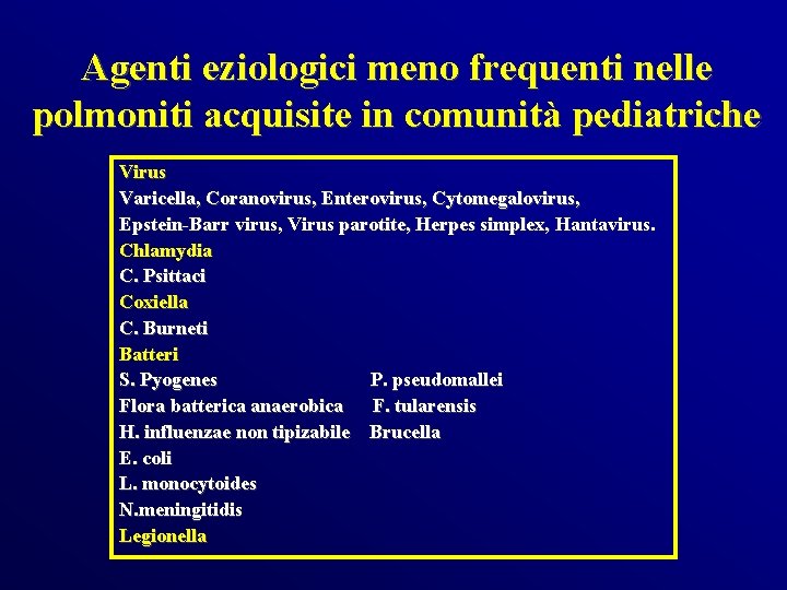 Agenti eziologici meno frequenti nelle polmoniti acquisite in comunità pediatriche Virus Varicella, Coranovirus, Enterovirus,
