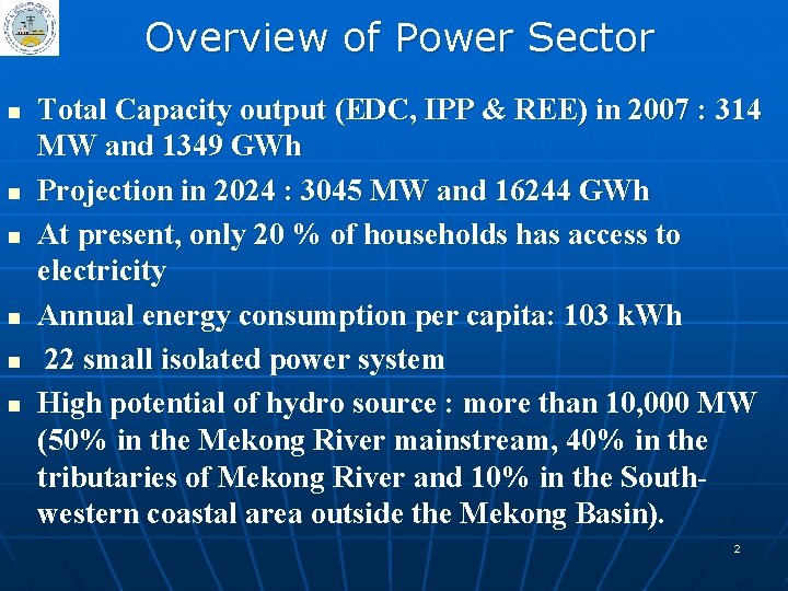 Overview of Power Sector n n n Total Capacity output (EDC, IPP & REE)