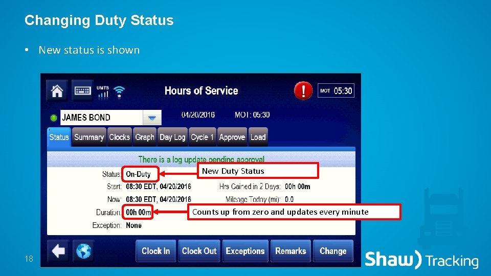 Changing Duty Status • New status is shown New Duty Status Counts up from