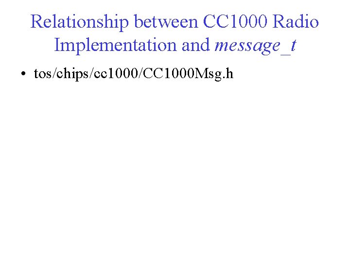 Relationship between CC 1000 Radio Implementation and message_t • tos/chips/cc 1000/CC 1000 Msg. h