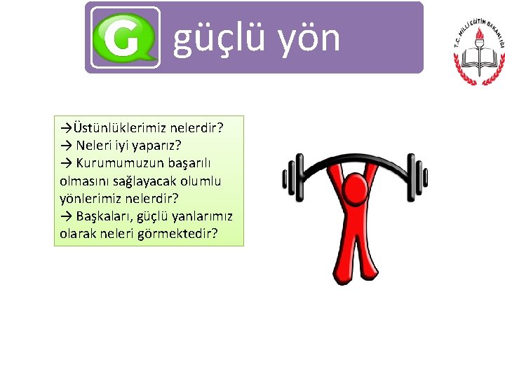 güçlü yön →Üstünlüklerimiz nelerdir? → Neleri iyi yaparız? → Kurumumuzun başarılı olmasını sağlayacak olumlu