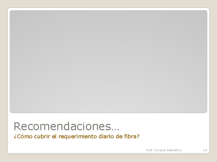 Recomendaciones… ¿Cómo cubrir el requerimiento diario de fibra? Prof. Viviana Sabbatino 14 