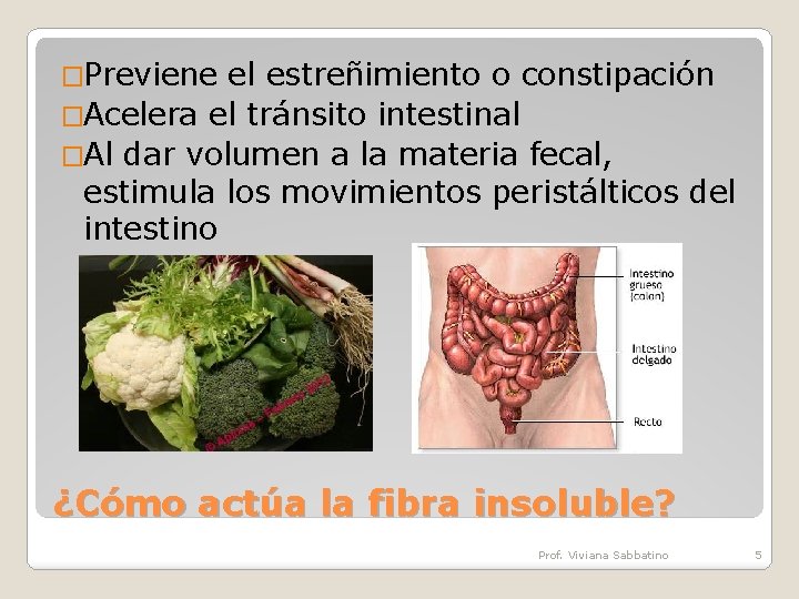 �Previene el estreñimiento o constipación �Acelera el tránsito intestinal �Al dar volumen a la