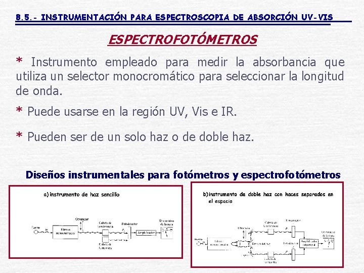 8. 5. - INSTRUMENTACIÓN PARA ESPECTROSCOPIA DE ABSORCIÓN UV-VIS ESPECTROFOTÓMETROS * Instrumento empleado para