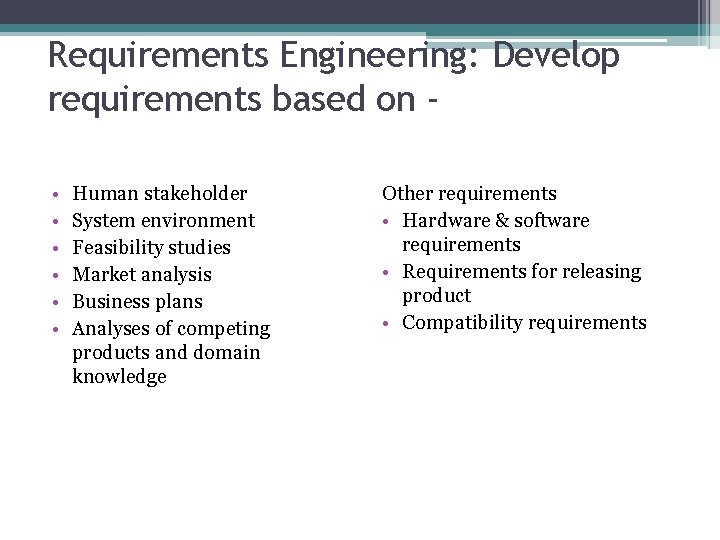 Requirements Engineering: Develop requirements based on • • • Human stakeholder System environment Feasibility