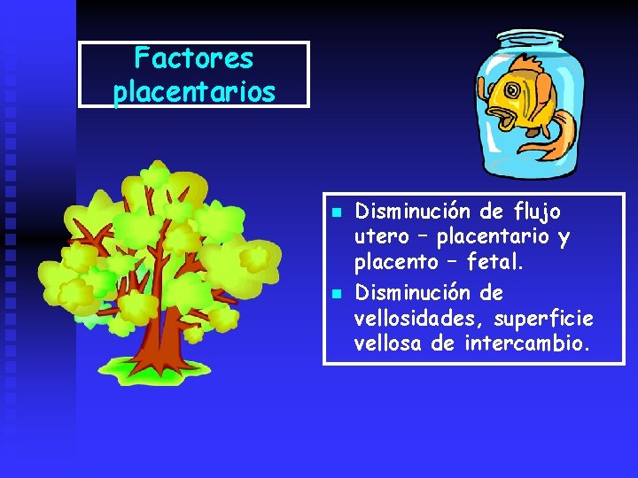 Factores placentarios n n Disminución de flujo utero – placentario y placento – fetal.