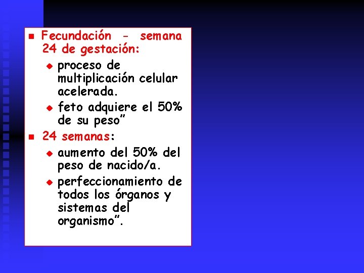 n n Fecundación - semana 24 de gestación: u proceso de multiplicación celular acelerada.