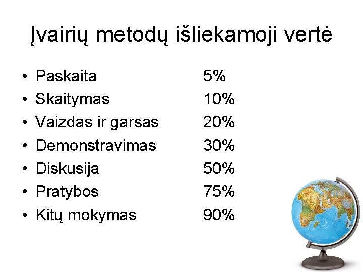 Įvairių metodų išliekamoji vertė • • Paskaita Skaitymas Vaizdas ir garsas Demonstravimas Diskusija Pratybos