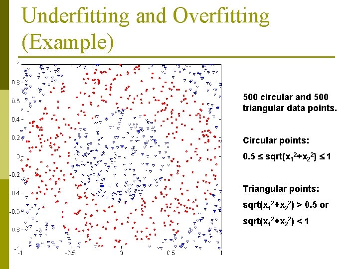 Underfitting and Overfitting (Example) 500 circular and 500 triangular data points. Circular points: 0. Underfitting and Overfitting (Example) 500 circular and 500 triangular data points. Circular points: 0.