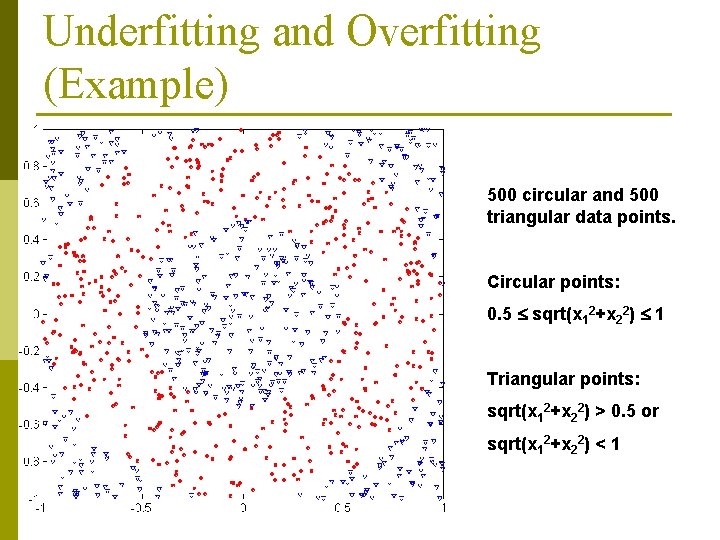 Underfitting and Overfitting (Example) 500 circular and 500 triangular data points. Circular points: 0.