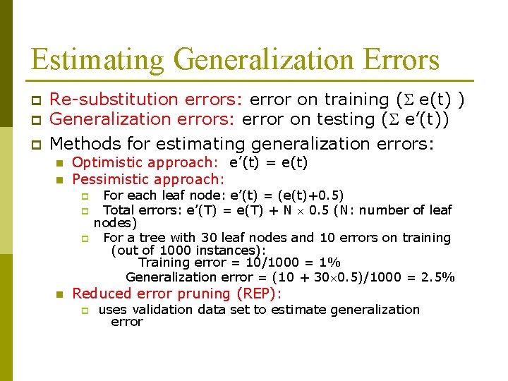 Estimating Generalization Errors p p p Re-substitution errors: error on training ( e(t) )