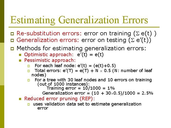 Estimating Generalization Errors p p p Re-substitution errors: error on training ( e(t) ) Estimating Generalization Errors p p p Re-substitution errors: error on training ( e(t) )