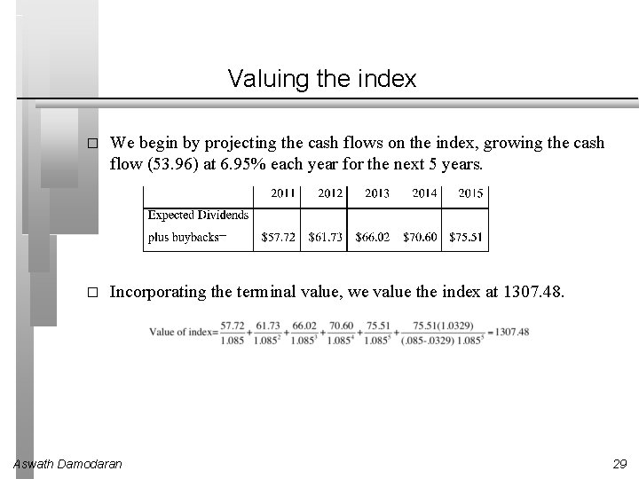 Valuing the index � We begin by projecting the cash flows on the index,
