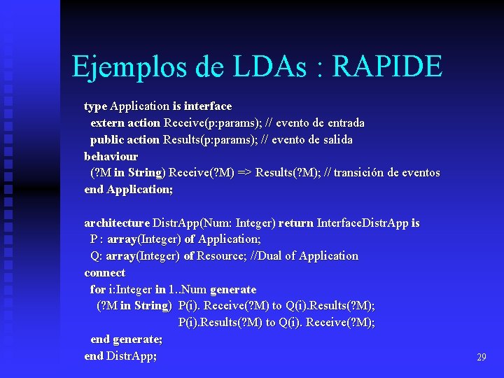Ejemplos de LDAs : RAPIDE type Application is interface extern action Receive(p: params); // Ejemplos de LDAs : RAPIDE type Application is interface extern action Receive(p: params); //