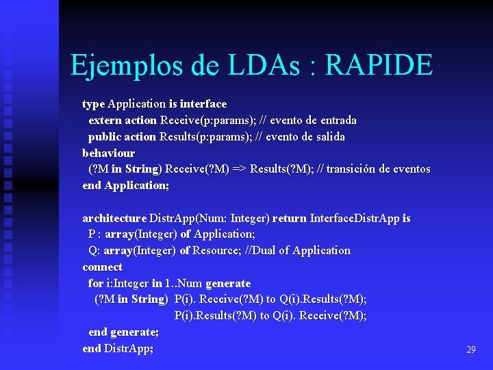 Ejemplos de LDAs : RAPIDE type Application is interface extern action Receive(p: params); //