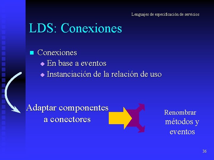 Lenguajes de especificación de servicios LDS: Conexiones n Conexiones u En base a eventos Lenguajes de especificación de servicios LDS: Conexiones n Conexiones u En base a eventos