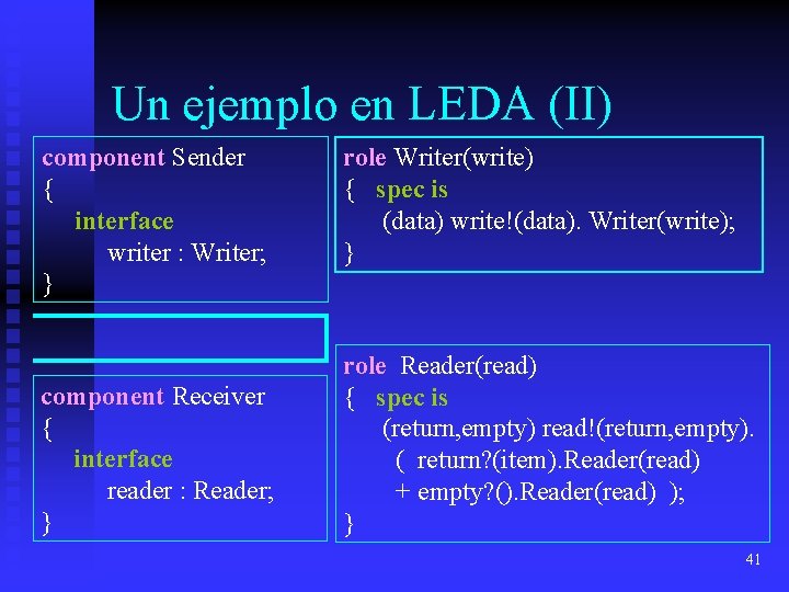 Un ejemplo en LEDA (II) component Sender { interface writer : Writer; } component