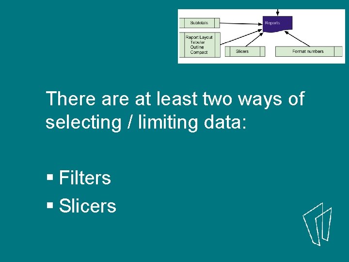 There at least two ways of selecting / limiting data: § Filters § Slicers