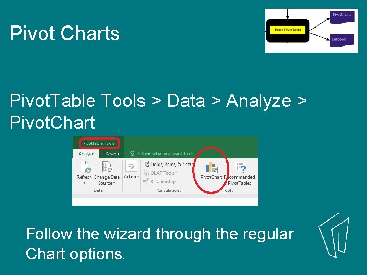 Pivot Charts Pivot. Table Tools > Data > Analyze > Pivot. Chart Follow the