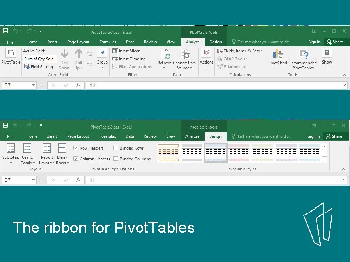 The ribbon for Pivot. Tables 