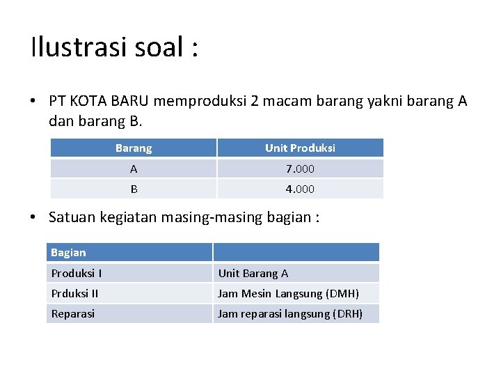 Ilustrasi soal : • PT KOTA BARU memproduksi 2 macam barang yakni barang A