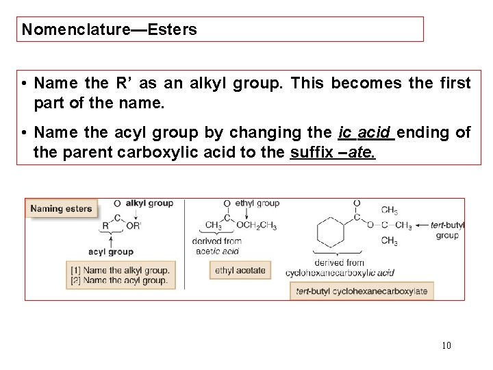 Nomenclature—Esters • Name the R’ as an alkyl group. This becomes the first part