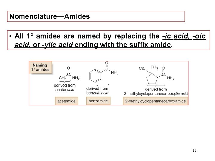 Nomenclature—Amides • All 1° amides are named by replacing the -ic acid, -oic acid,