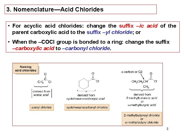 3. Nomenclature—Acid Chlorides • For acyclic acid chlorides: change the suffix –ic acid of