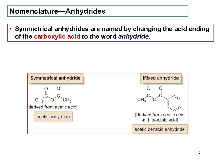 Nomenclature—Anhydrides • Symmetrical anhydrides are named by changing the acid ending of the carboxylic